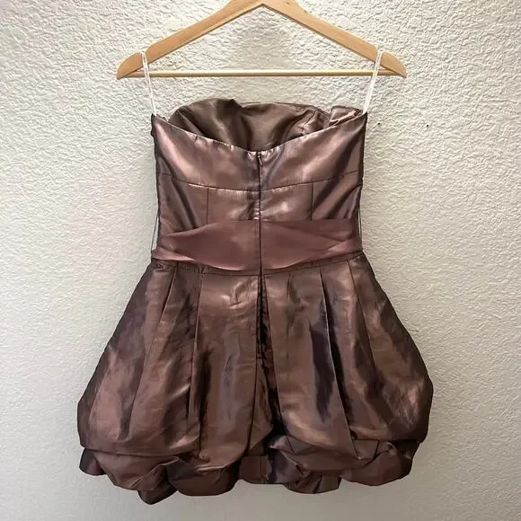 Jessica McClintock Gunne Sax Strapless Satin Bubble Hem Dress Y2K Brown Party XS - Picture 4 of 8